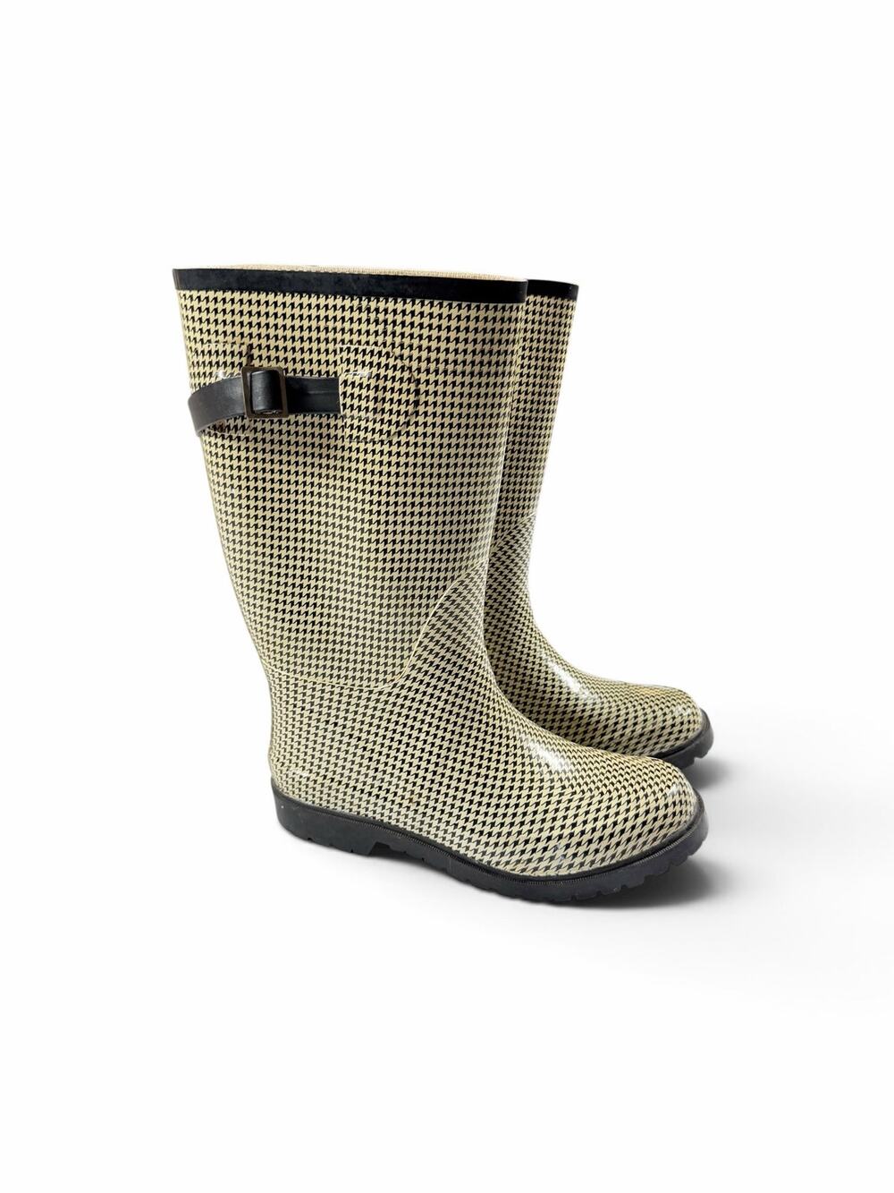Sam & Libby Vintage Tall Rain Boots Houndstooth Black Cream Buckle Size 7